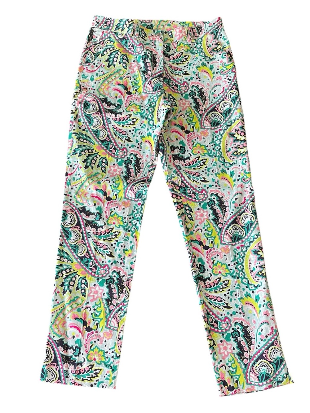 New Golfino Cotton Stretch Bold Paisley Print Split Hem Ankle Pant (6)